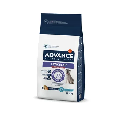 Advance Veterinary Diets Articular Senior +7 años, pienso para perros, ayuda a la movilidad en 2 meses, sabor pollo, bolsa de 12 kg. Imagen de perro y sello 'Active Defense'.