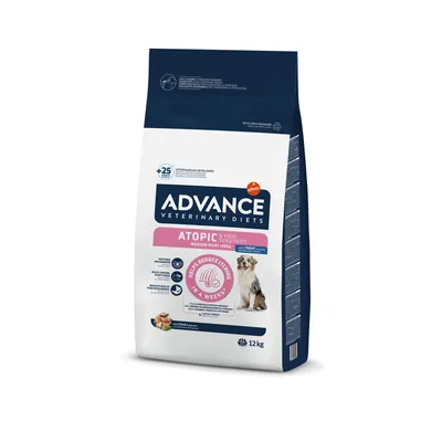 ADVANCE Veterinary Diets Atopic & Food Sensitivity Medium Maxi with Trout, 12kg bag. Visible text: helps reduce itching in 4 weeks. Image of a dog on front.