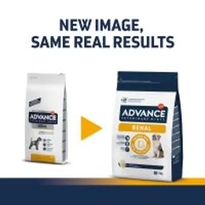 Advance Veterinary Diets Renal dog food packaging update shown with text: New image, same real results. Old and new bags displayed side by side.
