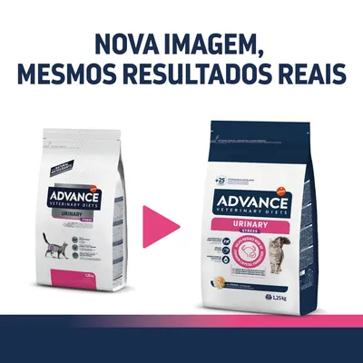 Duas embalagens de Advance Veterinary Diets Urinary Stress 1,25 kg para gatos, com texto: 'Nova imagem, mesmos resultados reais'. Mostra mudança de design da embalagem.