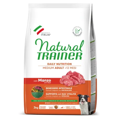 Natural Trainer Daily Nutrition Medium Adult >12 Monate mit Rind, 3kg. Unterstützt Vitalität mit Spirulina, fördert Darmgesundheit mit Makroalgen. Ohne Zuckerzusatz, Farbstoffe oder Konservierungsstoffe.