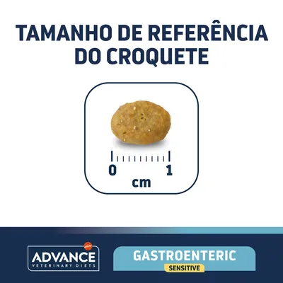 Tamanho de referência do croquete Advance Veterinary Diets Gastroenteric Sensitive: imagem de um croquete com régua mostrando cerca de 1 cm.