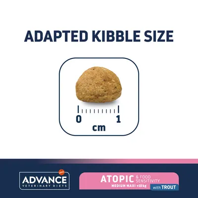 Adapted kibble size, 0–1 cm shown. ADVANCE Veterinary Diets. Atopic & Food Sensitivity Medium Maxi +10 kg with Trout.