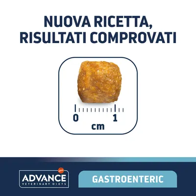 Nuova ricetta, risultati comprovati. Crocchetta Advance Veterinary Diets Gastroenteric con scala di 0–1 cm.