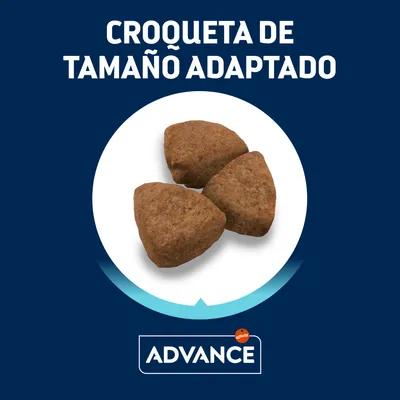 Croqueta de tamaño adaptado Advance affinity, imagen de tres croquetas triangulares sobre fondo blanco con texto destacado en la parte superior.