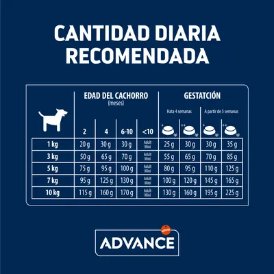 Tabla de cantidad diaria recomendada Advance: dosis en gramos según peso del cachorro (1–10 kg), edad en meses (2, 4, 6–10) y gestación hasta 4 semanas o más de 5 semanas.