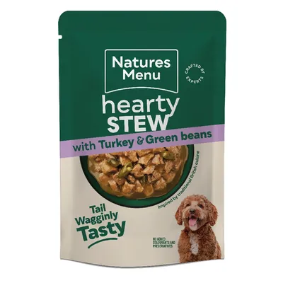 Natures Menu hearty stew with turkey and green beans, no added colourants or preservatives, inspired by traditional British cuisine, tail wagglingly tasty.