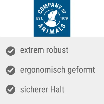 Company of Animals, seit 1979. Eigenschaften: extrem robust, ergonomisch geformt, sicherer Halt.