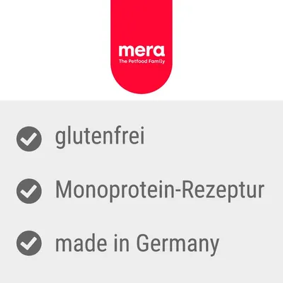 mera The Petfood Family. glutenfrei, Monoprotein-Rezeptur, made in Germany.