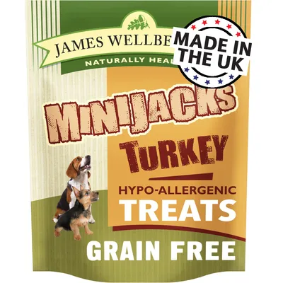 MiniJacks turkey hypo-allergenic treats, grain free, made in the UK. Packaging shows two dogs and highlights naturally healthy features.