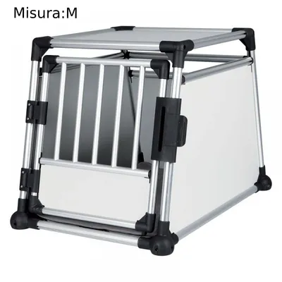 Trasportino in metallo e pannelli bianchi, griglia frontale, indicazione visibile: Misura M.