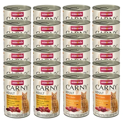 Animonda Carny Adult Rind, Huhn und Entenherzen. 100% frische Zutaten, ohne Getreide, Made in Germany. Abbildung zeigt 18 Dosen.