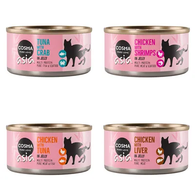 Cosma Asia Katzenfutter in Gelee: Thunfisch mit Krabbe, Huhn mit Garnelen, Huhn mit Thunfisch, Huhn mit Leber. Multi-Protein, reine Fleisch- und Meeresfrüchte-Rezepte.