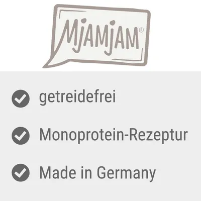 Mjamjam. Getreidefrei, Monoprotein-Rezeptur, Made in Germany.