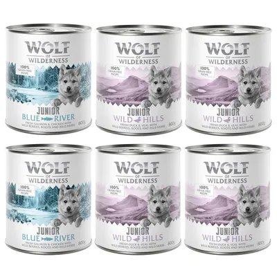 6 dåser Wolf of Wilderness Junior hundemad, varianter Blue River og Wild Hills, 800 g. Tekst: 100% grain-free recipe, fresh salmon & chicken eller fresh duck & veal med bær og urter.