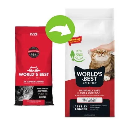 Image showing old and new packaging for World's Best Cat Litter, highlighting a change in design with the same formula. Key features include multiple cat unscented and lasts 2x longer.