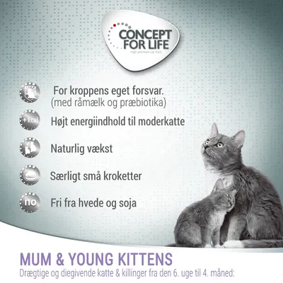 CONCEPT FOR LIFE. For kroppens eget forsvar (med råmælk og præbiotika), højt energiindhold til moderkatte, naturlig vækst, særligt små kroketter, fri fra hvede og soja. MUM & YOUNG KITTENS.