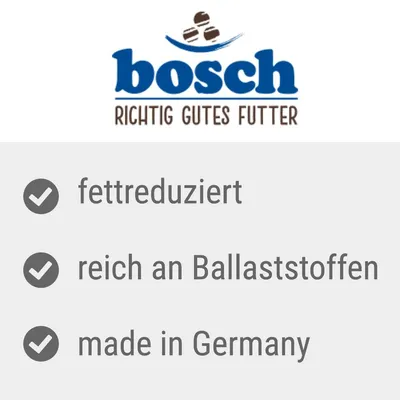 bosch. Richtig gutes Futter. Fettreduziert, reich an Ballaststoffen, made in Germany.