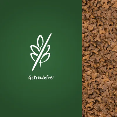 Getreidefrei. Symbol eines durchgestrichenen Getreidehalms neben einer Nahaufnahme von braunen Trockenfutterstücken.