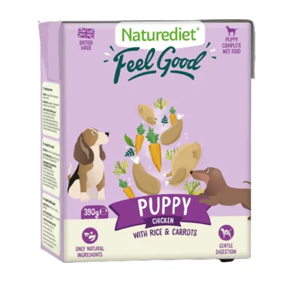 Naturediet Feel Good Puppy Chicken with Rice & Carrots, 390g. Only natural ingredients. Gentle digestion. British made. Puppy complete wet food.