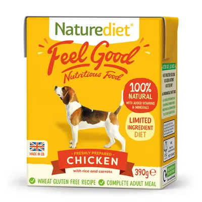 Naturediet Feel Good chicken with rice and carrots, 100% natural with added vitamins and minerals, limited ingredient diet, wheat gluten free recipe, complete adult meal, 390g.