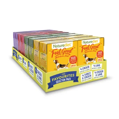 Naturediet Feel Good Favourites Selection Pack containing 4x chicken with rice and carrots, 4x lamb with rice and carrots, 4x turkey and chicken with rice and carrots, 4x chicken and lamb.