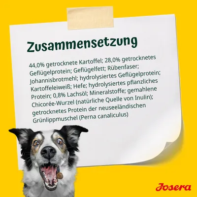 Zusammensetzung: 44% getrocknete Kartoffel, 28% getrocknetes Geflügelprotein, Rübenfaser, Johannisbrotmehl, Lachsöl, Chicorée-Wurzel, Grünlippmuschel. Marke: Josera.