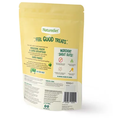 Back of Naturediet Feel Good Treats pack showing ingredient highlights: grain free, parsley for fresh breath, linseed for coat health, honey for antioxidants. No artificial colours or flavours.