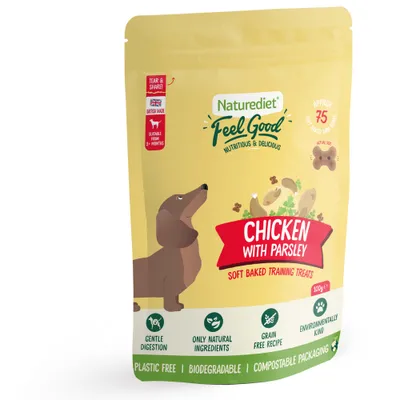 Chicken with parsley soft baked training treats, suitable from 2+ months, gentle digestion, only natural ingredients, grain free, environmentally kind, plastic free packaging.
