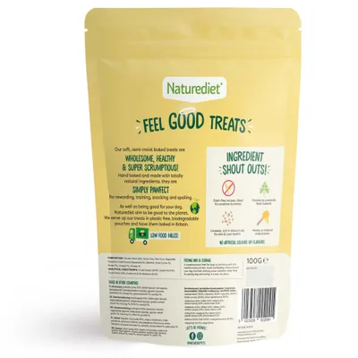 Naturediet Feel Good Treats packaging showing key features: grain free, natural ingredients, no artificial colours or flavours, low food miles, and ingredient highlights for sensitive tummies.