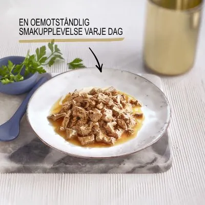 Tallrik med bitar av våtfoder i sås, text: En oemotståndlig smakupplevelse varje dag.