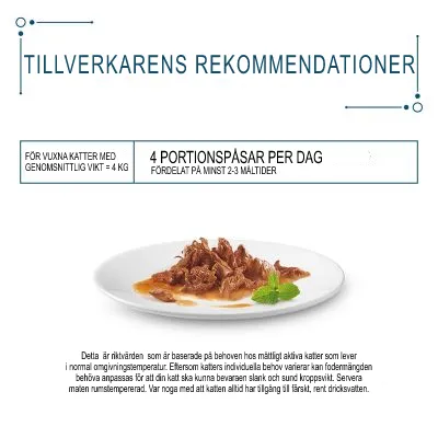 Tillverkarens rekommendation: för vuxna katter med genomsnittlig vikt 4 kg, 4 portionspåsar per dag fördelat på minst 2–3 måltider. Bild på kattmat på tallrik.