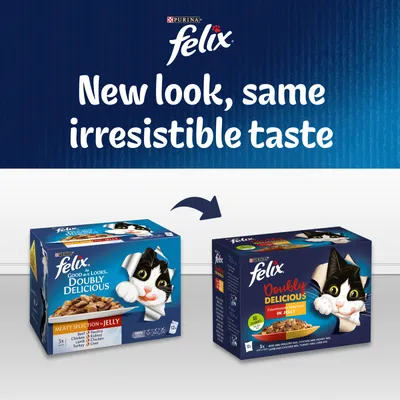 Purina Felix Doubly Delicious cat food packaging change. Text: New look, same irresistible taste. Old and new boxes shown with arrow between them. Both say Doubly Delicious in Jelly.