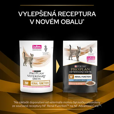 Porovnání starého a nového obalu krmiva PURINA PRO PLAN VETERINARY DIETS NF Renal Function pro kočky, text: Vylepšená receptura v novém obalu.