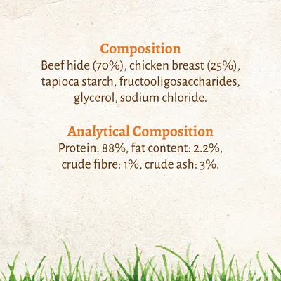Ingredients: beef hide 70%, chicken breast 25%, tapioca starch, fructooligosaccharides, glycerol, sodium chloride. Analysis: protein 88%, fat 2.2%, fibre 1%, ash 3%.