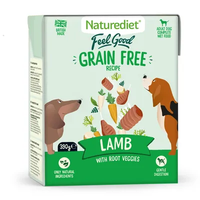 Naturediet Feel Good grain free recipe, lamb with root vegetables, adult dog complete wet food, 390g, only natural ingredients, gentle digestion, British made.