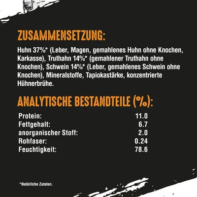 Zusammensetzung: Huhn 37%, Truthahn 14%, Schwein 14%, Mineralstoffe, Tapiokastärke, konzentrierte Hühnerbrühe. Analytische Bestandteile (%): Protein 11.0, Fettgehalt 6.7, Feuchtigkeit 78.6.