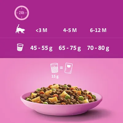 Tabla de raciones diarias para gatos: menos de 3 meses 45–55 g, 4–5 meses 65–75 g, 6–12 meses 70–80 g. Vaso medidor de 15 g equivale a un sobre.