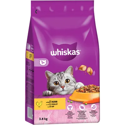 Whiskas hrană uscată pentru pisici de la 1 an, cu pui, 3,8 kg. Fără coloranți sau arome artificiale, fibre naturale, 100% completă și echilibrată.