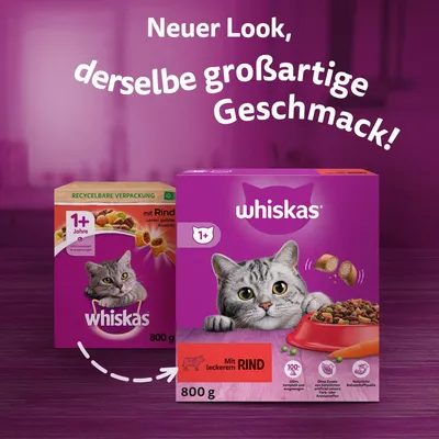 Whiskas Katzenfutter, neuer Look, derselbe grossartige Geschmack. Mit leckerem Rind, 800g, recycelbare Verpackung, geeignet für Katzen ab 1 Jahr.
