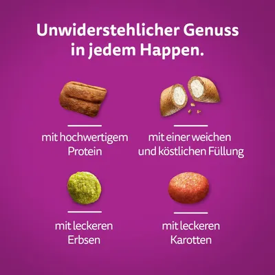 Unwiderstehlicher Genuss in jedem Happen: mit hochwertigem Protein, weicher köstlicher Füllung, leckeren Erbsen und Karotten.