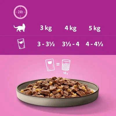 Fütterungsempfehlung für Katzen: 3 kg Körpergewicht = 3-3½ Beutel, 4 kg = 3½-4 Beutel, 5 kg = 4-4½ Beutel. 1 Beutel entspricht 16 g Trockenfutter.
