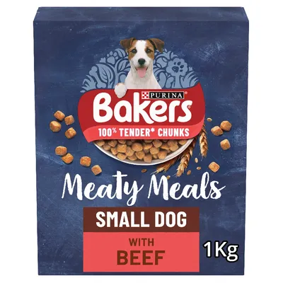 Bakers 100% Tender Chunks Meaty Meals, Small Dog with Beef, 1kg pack shown with kibble pieces and wheat graphics.