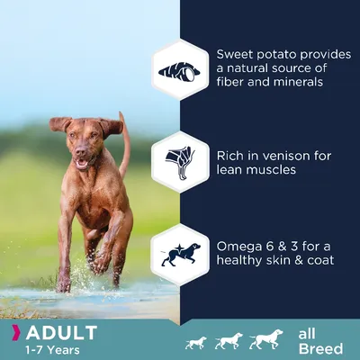 Sweet potato provides fibre and minerals, rich in venison for lean muscles, omega 6 and 3 for healthy skin and coat. Adult, 1-7 years, all breed.