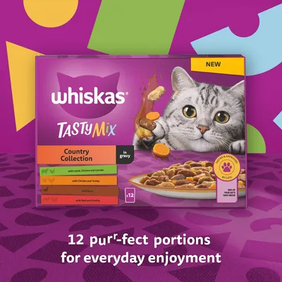 Whiskas TastyMix Country Collection in gravy, 12 portions. Flavours: lamb, chicken and carrots; chicken and turkey; duck; beef and poultry. Text: 12 purr-fect portions for everyday enjoyment.