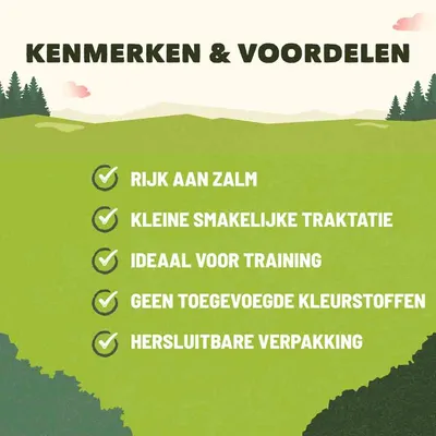 Kenmerken & voordelen: rijk aan zalm, kleine smakelijke traktatie, ideaal voor training, geen toegevoegde kleurstoffen, hersluitbare verpakking.