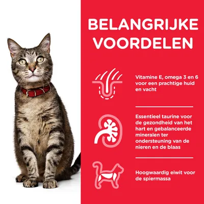 BELANGRIJKE VOORDELEN: Vitamine E, omega 3 en 6 voor huid en vacht; essentieel taurine voor hart, nieren en blaas; hoogwaardig eiwit voor spiermassa.