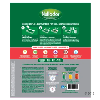 Nullodor kattegrus emballage med brugervejledning på flere sprog, fordele som 100 % naturligt, antibakteriel, og illustrationer af fyldning, rengøring og udskiftning. Synlig stregkode.