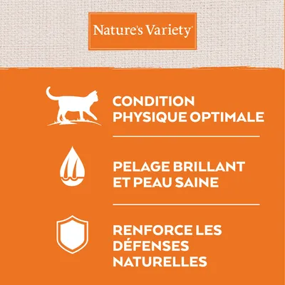 Nature’s Variety. Condition physique optimale. Pelage brillant et peau saine. Renforce les défenses naturelles.