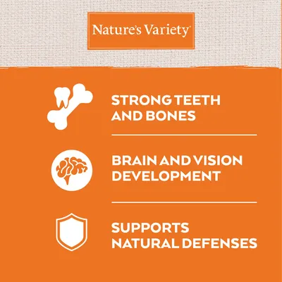 Nature's Variety. Strong teeth and bones, brain and vision development, supports natural defenses. Testo in inglese.